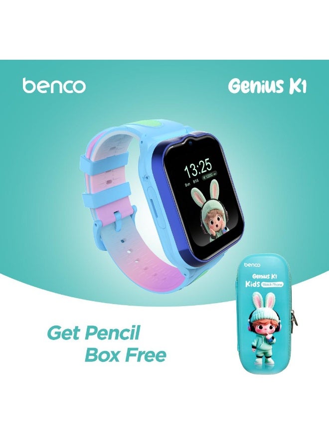 بينكو ساعة Genius K1 للأطفال مزودة بهاتف 4G ونظام تحديد المواقع العالمي (GPS) ومكالمات فيديو - علبة أقلام مجانية - أزرق - إصدار الشرق الأوسط - Image 1